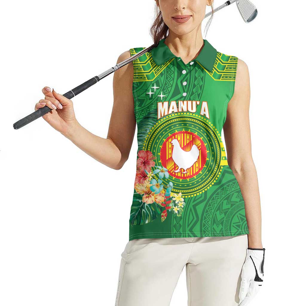 Personalized Manu'a Cession Day Women Sleeveless Polo Shirt Tropical Flowers With Polynesian Pattern