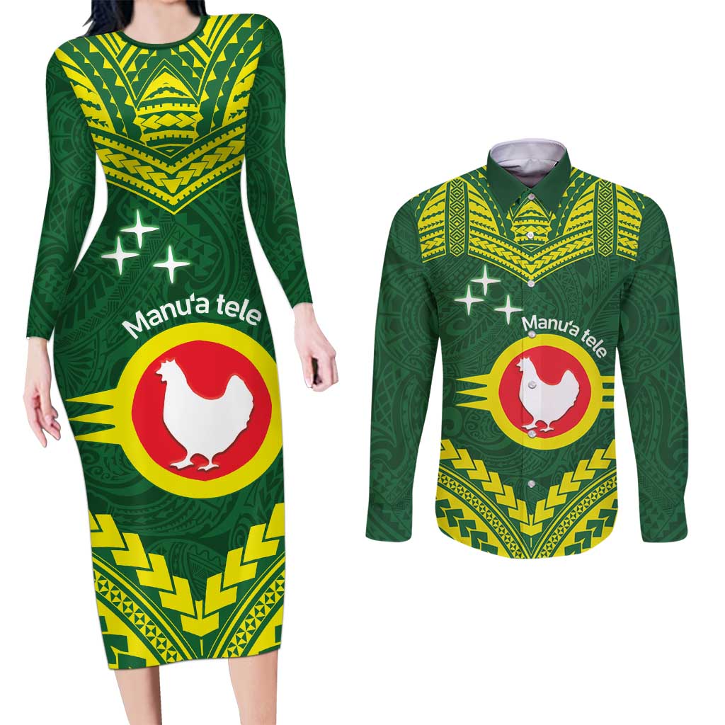 Manu'a Flag Day Couples Matching Long Sleeve Bodycon Dress and Long Sleeve Button Shirt Polynesian Pattern National Color Proud LT14 Green - Polynesian Pride
