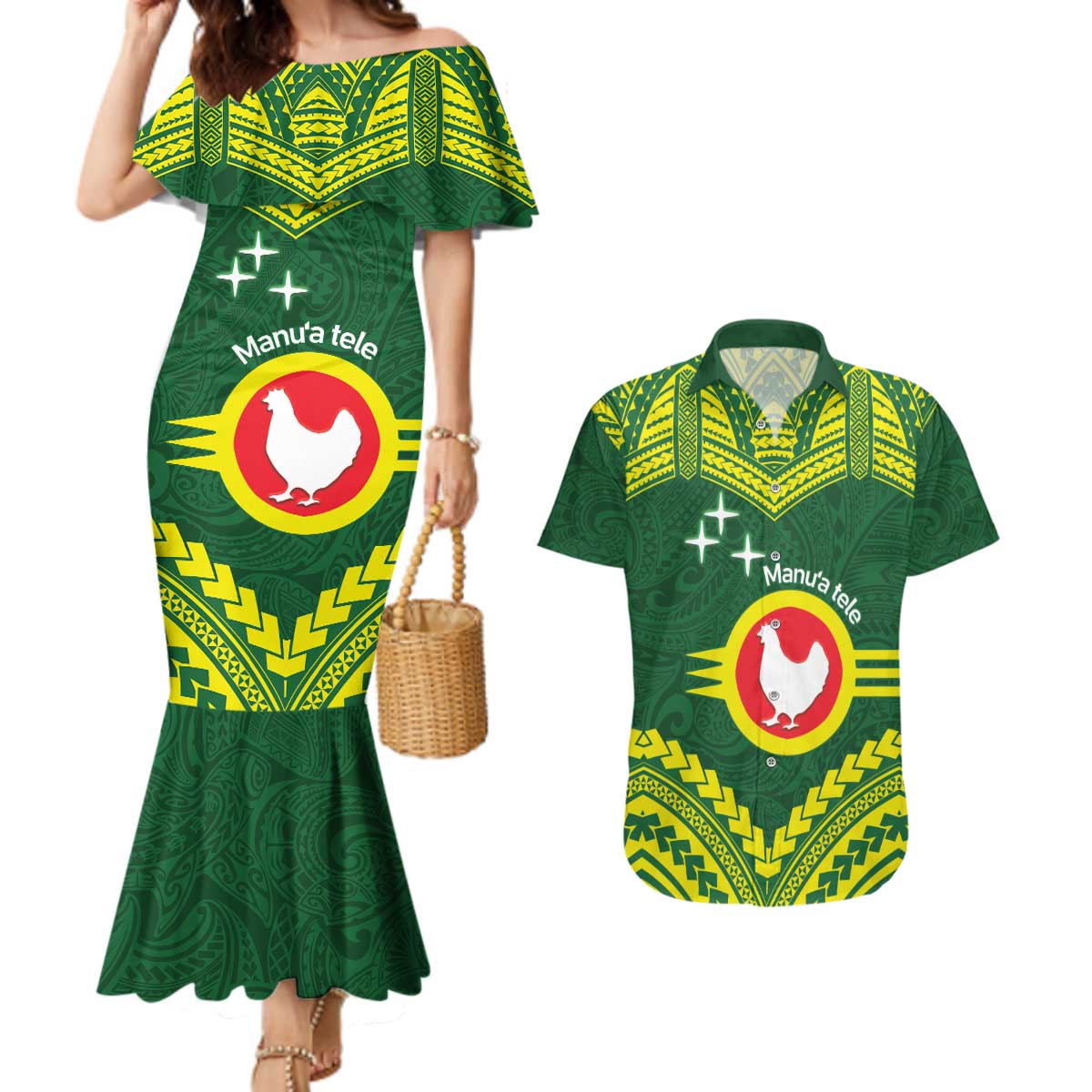 Manu'a Flag Day Couples Matching Mermaid Dress and Hawaiian Shirt Polynesian Pattern National Color Proud LT14 Green - Polynesian Pride
