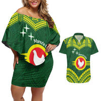 Manu'a Flag Day Couples Matching Off Shoulder Short Dress and Hawaiian Shirt Polynesian Pattern National Color Proud LT14 Green - Polynesian Pride