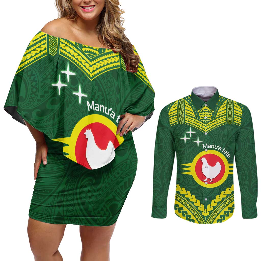 Manu'a Flag Day Couples Matching Off Shoulder Short Dress and Long Sleeve Button Shirt Polynesian Pattern National Color Proud