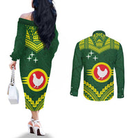 Manu'a Flag Day Couples Matching Off The Shoulder Long Sleeve Dress and Long Sleeve Button Shirt Polynesian Pattern National Color Proud LT14 - Polynesian Pride