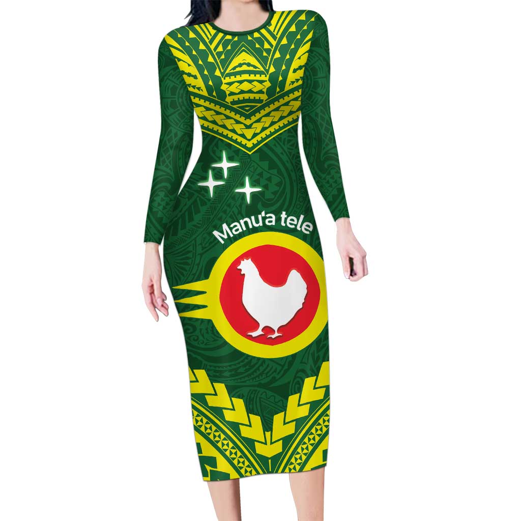 Manu'a Flag Day Family Matching Long Sleeve Bodycon Dress and Hawaiian Shirt Polynesian Pattern National Color Proud LT14 Mom's Dress Green - Polynesian Pride