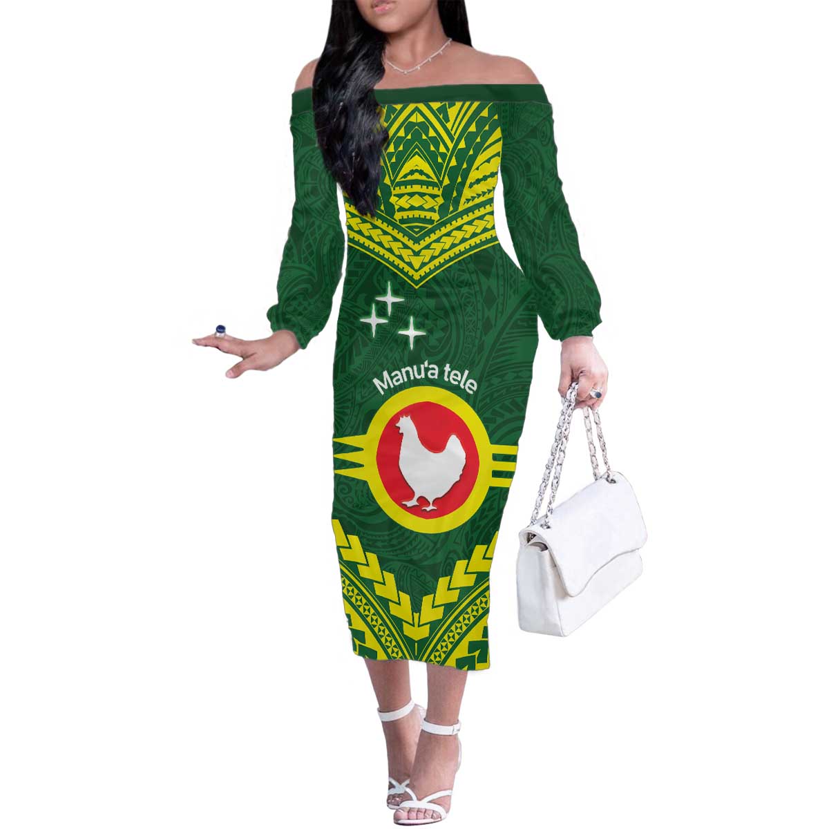 Manu'a Flag Day Family Matching Off The Shoulder Long Sleeve Dress and Hawaiian Shirt Polynesian Pattern National Color Proud LT14 Mom's Dress Green - Polynesian Pride