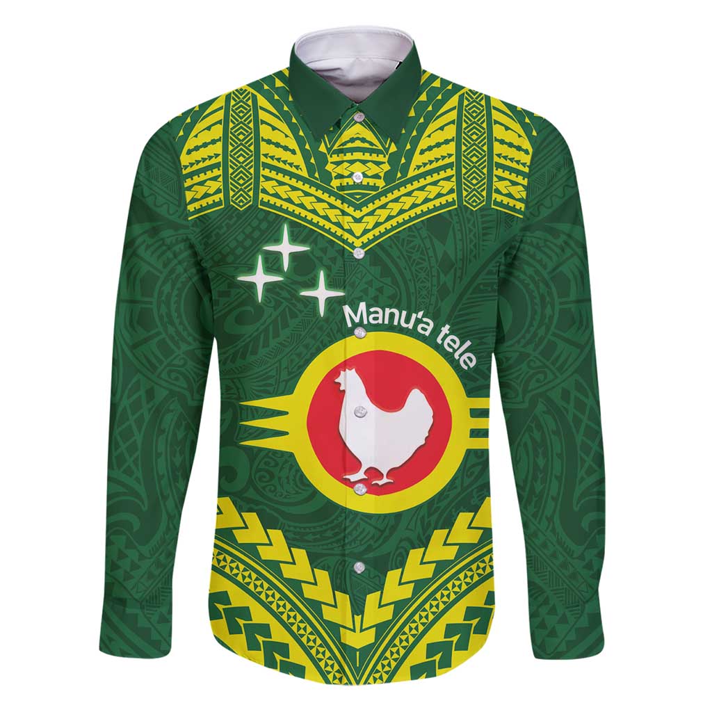 Manu'a Flag Day Family Matching Puletasi and Hawaiian Shirt Polynesian Pattern National Color Proud LT14 Dad's Shirt - Long Sleeve Green - Polynesian Pride