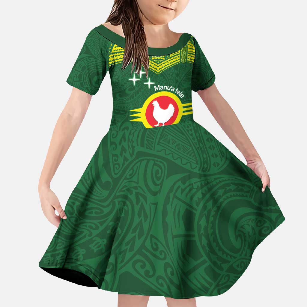 Manu'a Flag Day Family Matching Summer Maxi Dress and Hawaiian Shirt Polynesian Pattern National Color Proud LT14 Daughter's Dress Green - Polynesian Pride