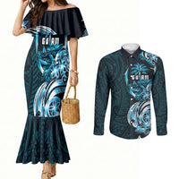 Asut Guam Chamorro Couples Matching Mermaid Dress and Long Sleeve Button Shirt Guahan Seal Tattoo LT14 Blue - Polynesian Pride