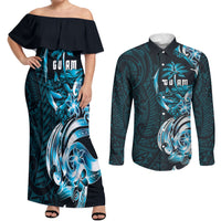 Asut Guam Chamorro Couples Matching Off Shoulder Maxi Dress and Long Sleeve Button Shirt Guahan Seal Tattoo LT14 Blue - Polynesian Pride