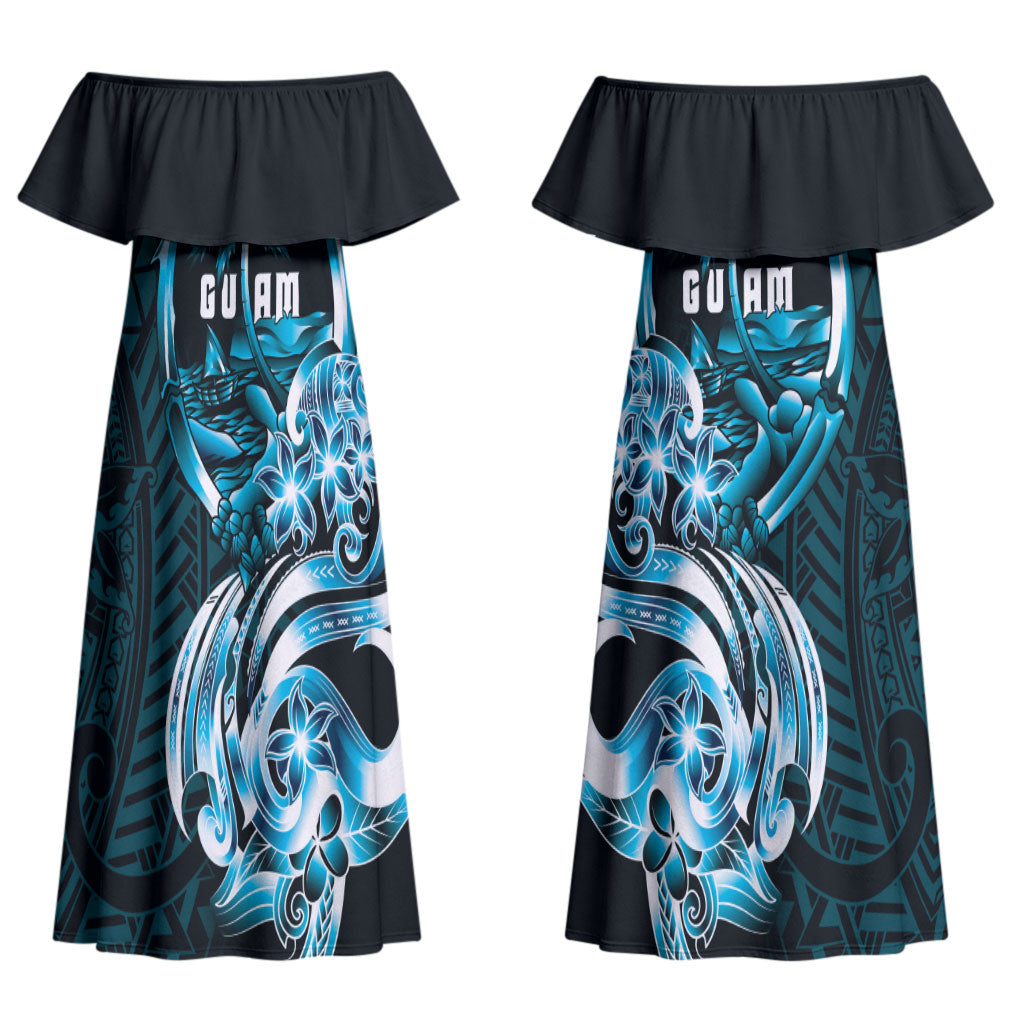 Asut Guam Chamorro Couples Matching Off Shoulder Maxi Dress and Long Sleeve Button Shirt Guahan Seal Tattoo LT14 - Polynesian Pride