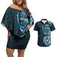 Asut Guam Chamorro Couples Matching Off Shoulder Short Dress and Hawaiian Shirt Guahan Seal Tattoo LT14 Blue - Polynesian Pride