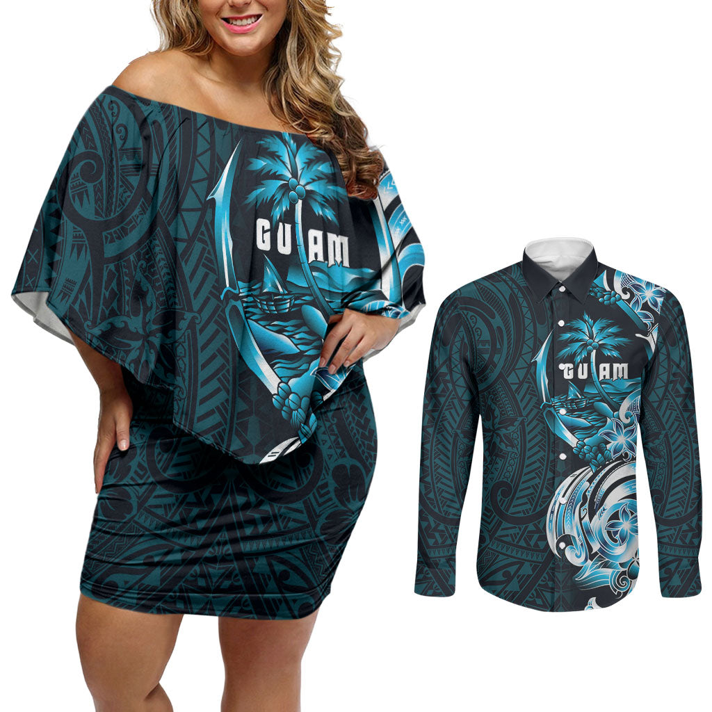 Asut Guam Chamorro Couples Matching Off Shoulder Short Dress and Long Sleeve Button Shirt Guahan Seal Tattoo LT14 Blue - Polynesian Pride