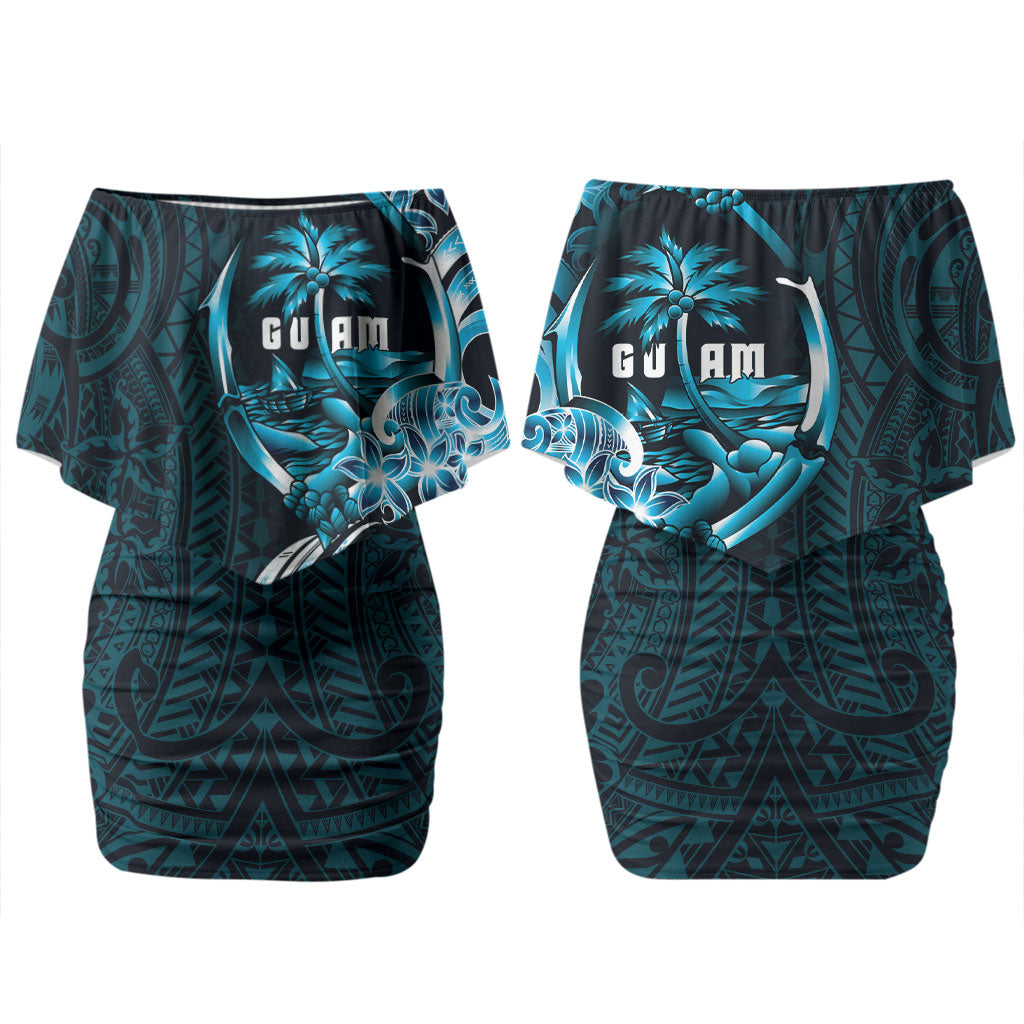 Asut Guam Chamorro Couples Matching Off Shoulder Short Dress and Long Sleeve Button Shirt Guahan Seal Tattoo LT14 - Polynesian Pride