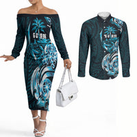 Asut Guam Chamorro Couples Matching Off The Shoulder Long Sleeve Dress and Long Sleeve Button Shirt Guahan Seal Tattoo LT14 Blue - Polynesian Pride