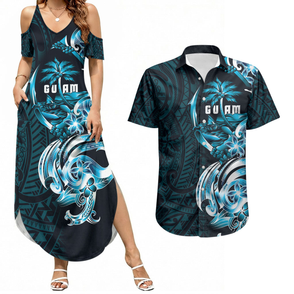 Asut Guam Chamorro Couples Matching Summer Maxi Dress and Hawaiian Shirt Guahan Seal Tattoo LT14 Blue - Polynesian Pride