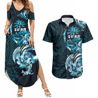 Asut Guam Chamorro Couples Matching Summer Maxi Dress and Hawaiian Shirt Guahan Seal Tattoo LT14 Blue - Polynesian Pride