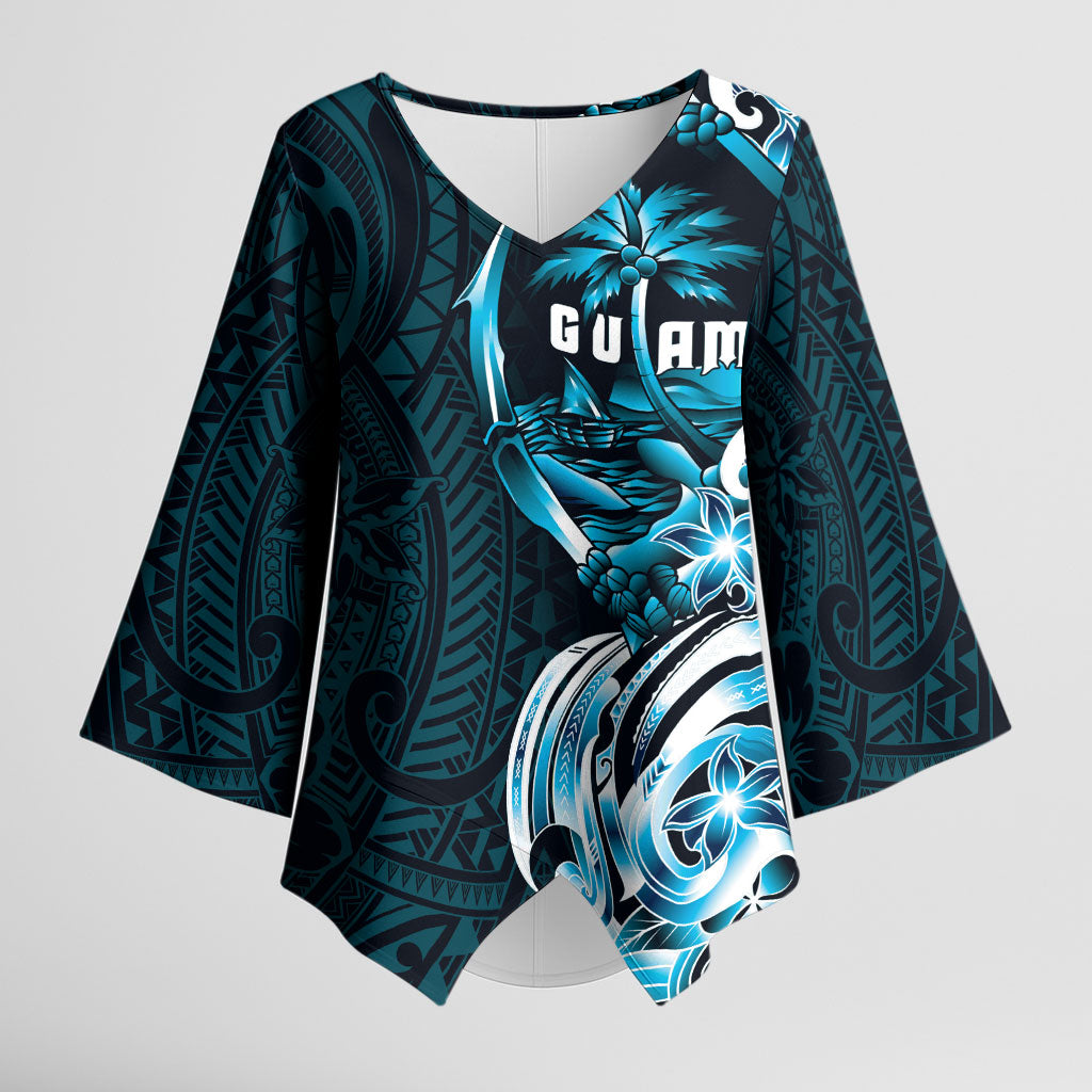Asut Guam Chamorro Kimono Sleeve Blouse Guahan Seal Tattoo LT14 Female Blue - Polynesian Pride