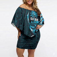Asut Guam Chamorro Off Shoulder Short Dress Guahan Seal Tattoo LT14 Women Blue - Polynesian Pride
