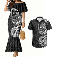 Attelong Guam Chamorro Couples Matching Mermaid Dress and Hawaiian Shirt Guahan Seal Tattoo LT14 Black - Polynesian Pride