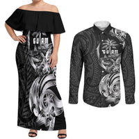 Attelong Guam Chamorro Couples Matching Off Shoulder Maxi Dress and Long Sleeve Button Shirt Guahan Seal Tattoo LT14 Black - Polynesian Pride