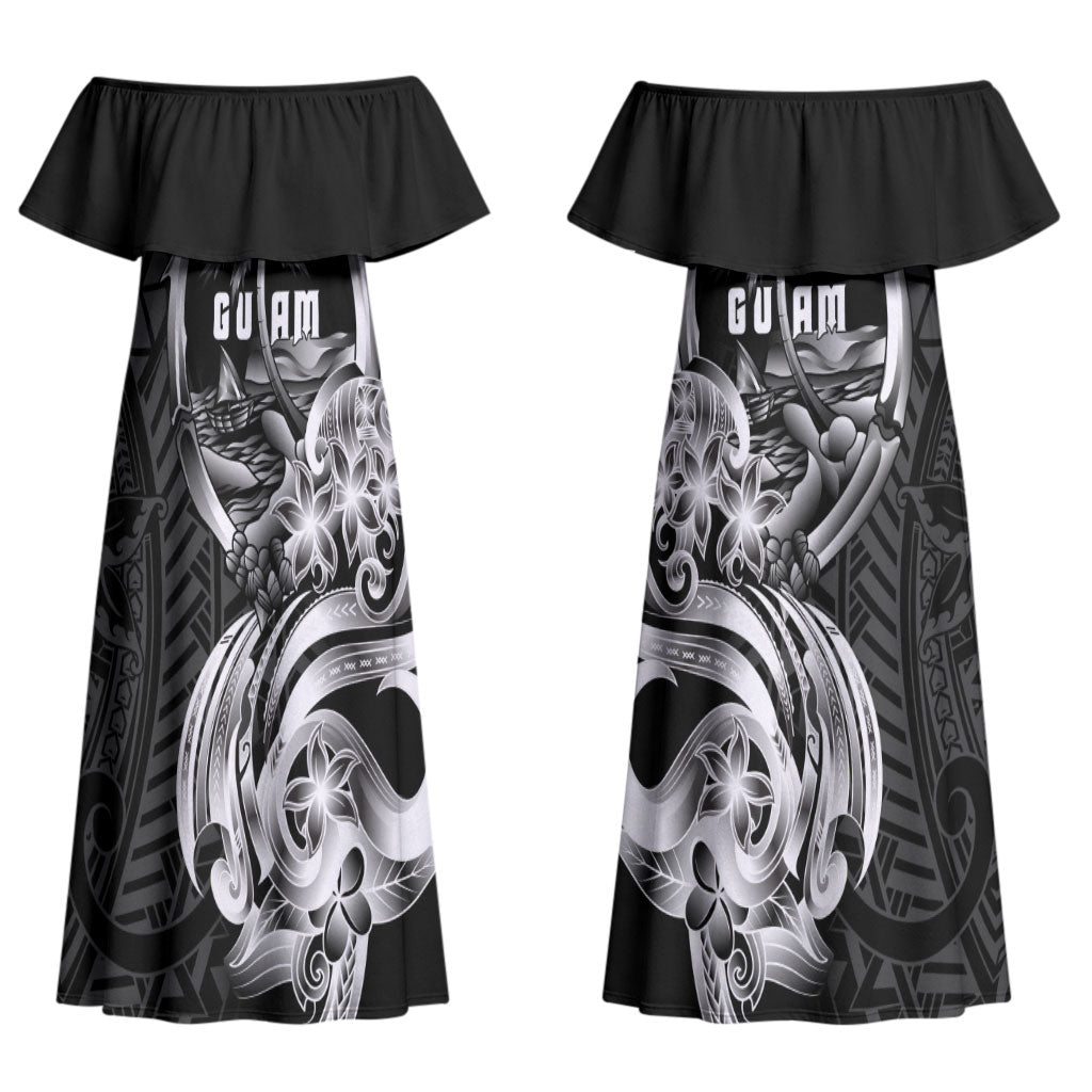 Attelong Guam Chamorro Couples Matching Off Shoulder Maxi Dress and Long Sleeve Button Shirt Guahan Seal Tattoo LT14 - Polynesian Pride