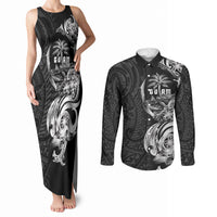Attelong Guam Chamorro Couples Matching Tank Maxi Dress and Long Sleeve Button Shirt Guahan Seal Tattoo LT14 Black - Polynesian Pride