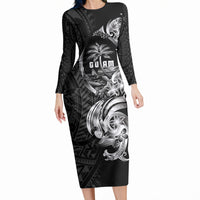 Attelong Guam Chamorro Long Sleeve Bodycon Dress Guahan Seal Tattoo LT14 Long Dress Black - Polynesian Pride