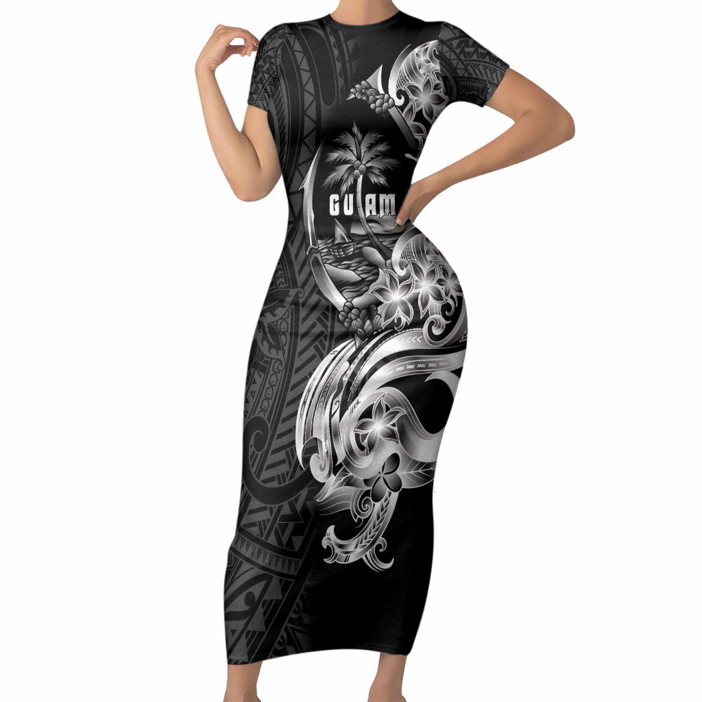 Attelong Guam Chamorro Short Sleeve Bodycon Dress Guahan Seal Tattoo LT14 Long Dress Black - Polynesian Pride