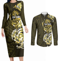 Amariyu Guam Chamorro Couples Matching Long Sleeve Bodycon Dress and Long Sleeve Button Shirt Guahan Seal Tattoo LT14 Yellow - Polynesian Pride