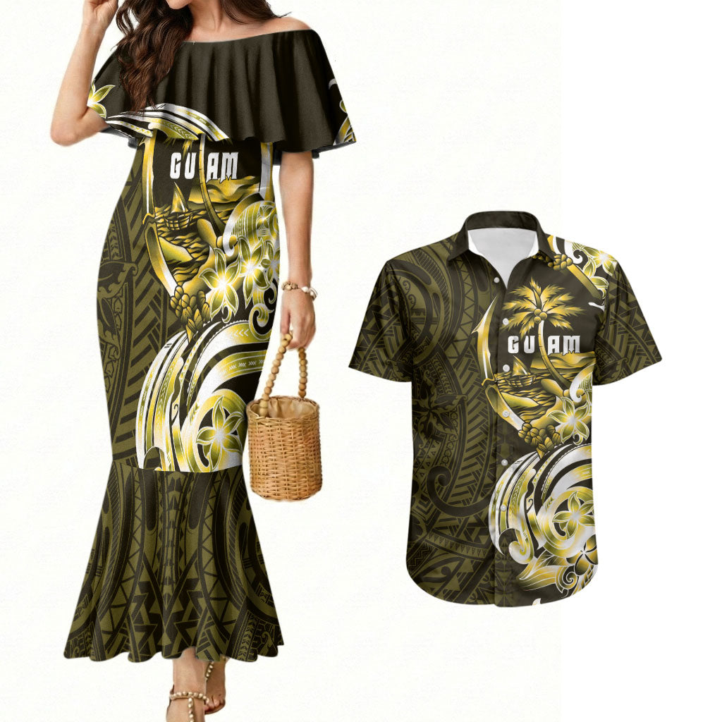 Amariyu Guam Chamorro Couples Matching Mermaid Dress and Hawaiian Shirt Guahan Seal Tattoo LT14 Yellow - Polynesian Pride