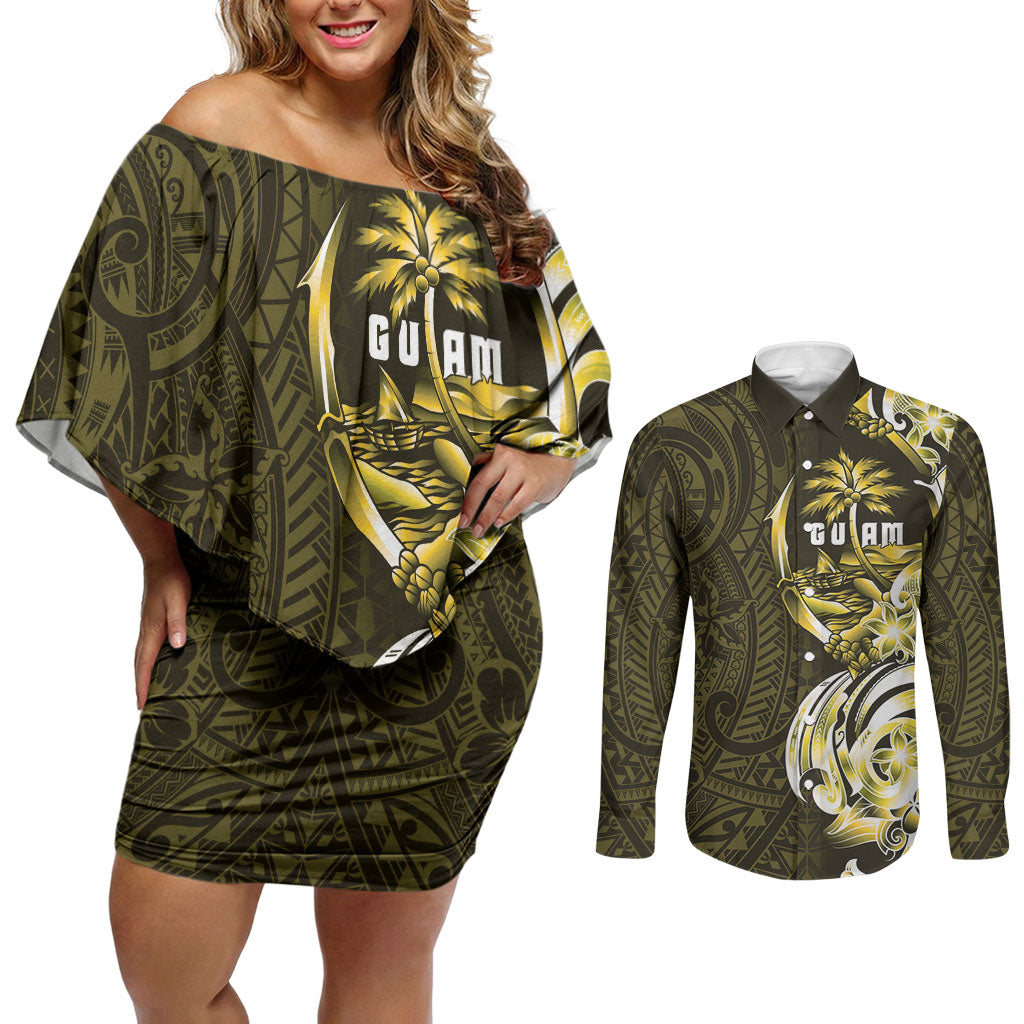 Amariyu Guam Chamorro Couples Matching Off Shoulder Short Dress and Long Sleeve Button Shirt Guahan Seal Tattoo LT14 Yellow - Polynesian Pride
