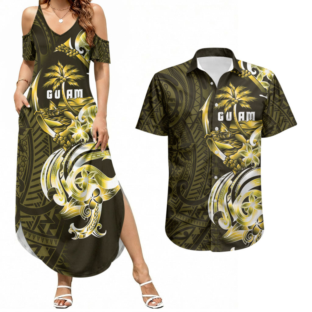 Amariyu Guam Chamorro Couples Matching Summer Maxi Dress and Hawaiian Shirt Guahan Seal Tattoo LT14 Yellow - Polynesian Pride
