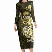 Amariyu Guam Chamorro Long Sleeve Bodycon Dress Guahan Seal Tattoo LT14 Long Dress Yellow - Polynesian Pride