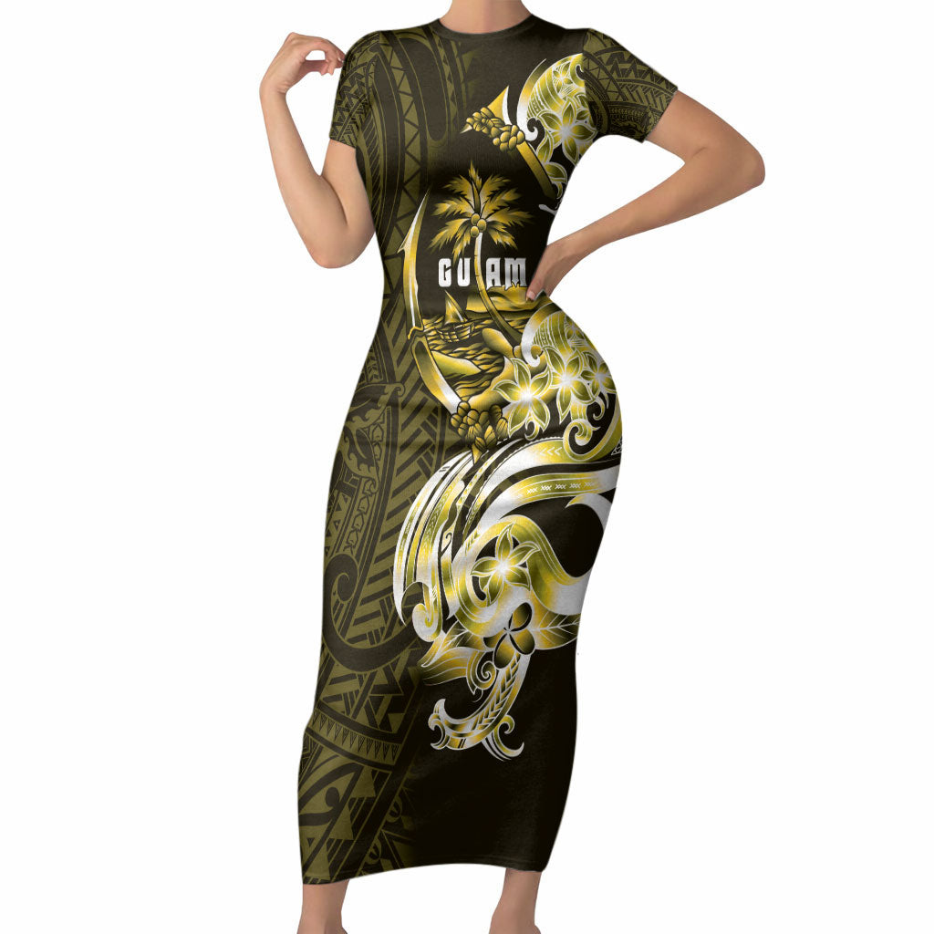 Amariyu Guam Chamorro Short Sleeve Bodycon Dress Guahan Seal Tattoo LT14 Long Dress Yellow - Polynesian Pride