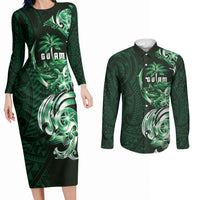 Betde Guam Chamorro Couples Matching Long Sleeve Bodycon Dress and Long Sleeve Button Shirt Guahan Seal Tattoo LT14 Green - Polynesian Pride