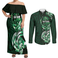 Betde Guam Chamorro Couples Matching Off Shoulder Maxi Dress and Long Sleeve Button Shirt Guahan Seal Tattoo LT14 Green - Polynesian Pride