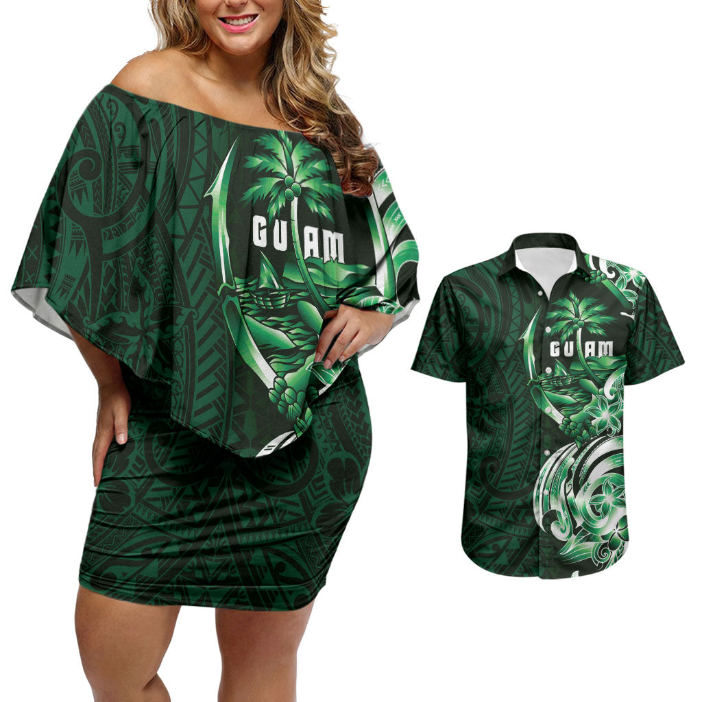 Betde Guam Chamorro Couples Matching Off Shoulder Short Dress and Hawaiian Shirt Guahan Seal Tattoo LT14 Green - Polynesian Pride