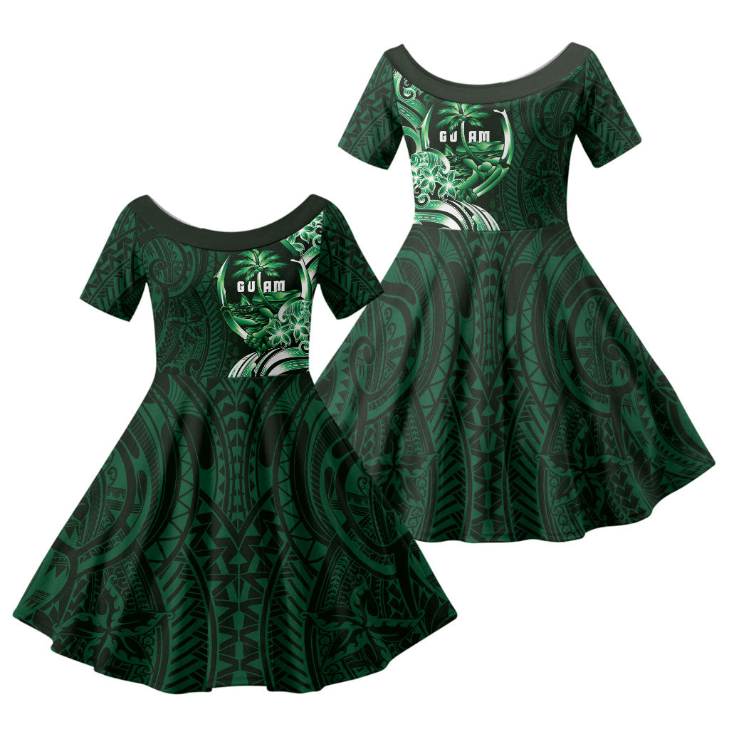 Betde Guam Chamorro Family Matching Long Sleeve Bodycon Dress and Hawaiian Shirt Guahan Seal Tattoo LT14 Daughter's Dress Green - Polynesian Pride
