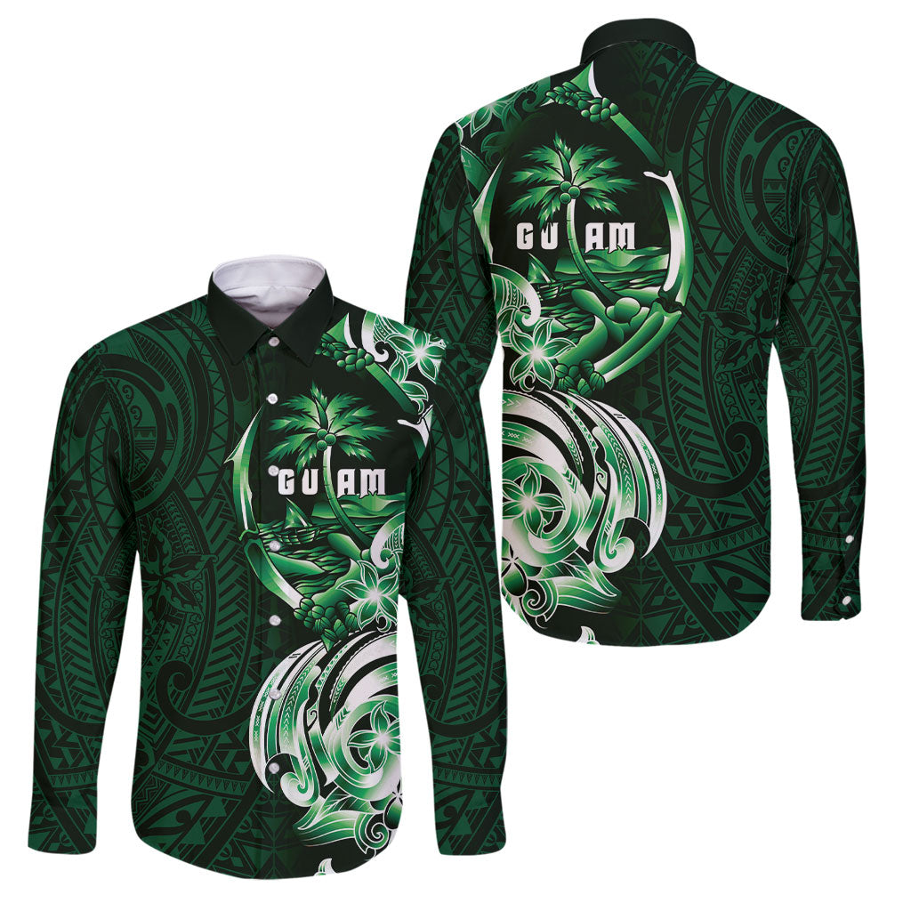 Betde Guam Chamorro Family Matching Off The Shoulder Long Sleeve Dress and Hawaiian Shirt Guahan Seal Tattoo LT14 Dad's Shirt - Long Sleeve Green - Polynesian Pride