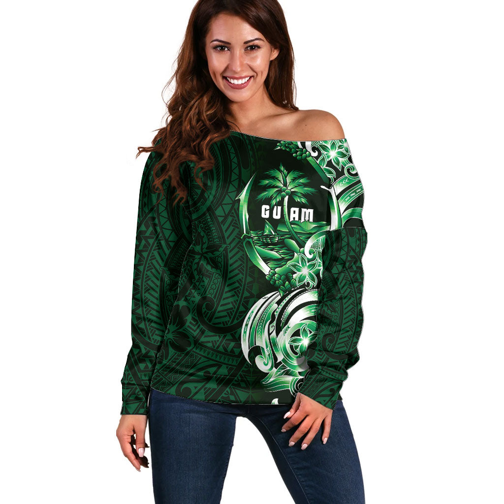 Betde Guam Chamorro Off Shoulder Sweater Guahan Seal Tattoo LT14 Women Green - Polynesian Pride