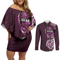 Kulot Di Rosa Guam Chamorro Couples Matching Off Shoulder Short Dress and Long Sleeve Button Shirt Guahan Seal Tattoo LT14 Pink - Polynesian Pride