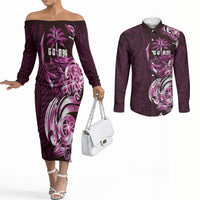 Kulot Di Rosa Guam Chamorro Couples Matching Off The Shoulder Long Sleeve Dress and Long Sleeve Button Shirt Guahan Seal Tattoo LT14 Pink - Polynesian Pride