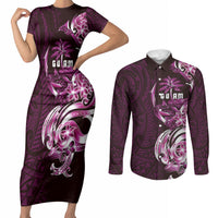 Kulot Di Rosa Guam Chamorro Couples Matching Short Sleeve Bodycon Dress and Long Sleeve Button Shirt Guahan Seal Tattoo LT14 Pink - Polynesian Pride
