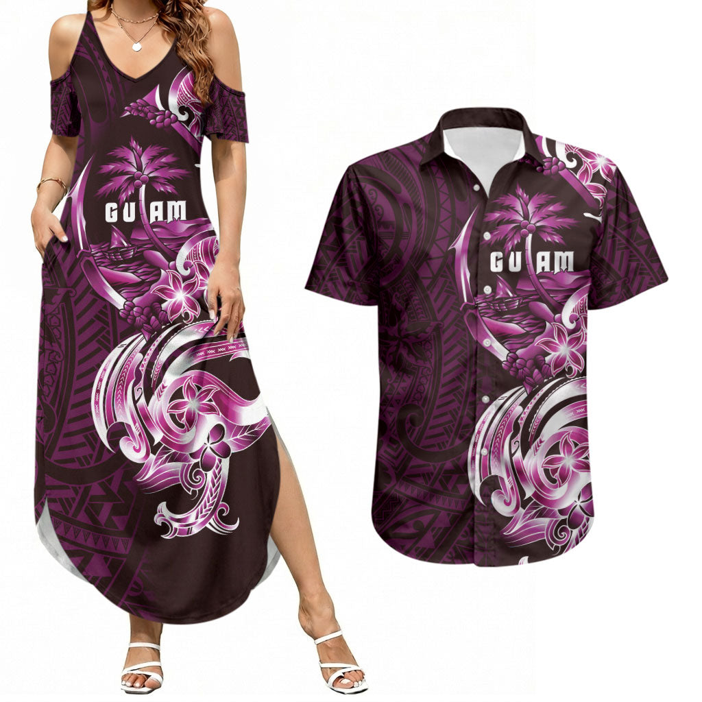 Kulot Di Rosa Guam Chamorro Couples Matching Summer Maxi Dress and Hawaiian Shirt Guahan Seal Tattoo LT14 Pink - Polynesian Pride