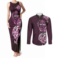 Kulot Di Rosa Guam Chamorro Couples Matching Tank Maxi Dress and Long Sleeve Button Shirt Guahan Seal Tattoo LT14 Pink - Polynesian Pride