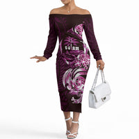Kulot Di Rosa Guam Chamorro Off The Shoulder Long Sleeve Dress Guahan Seal Tattoo LT14 Women Pink - Polynesian Pride