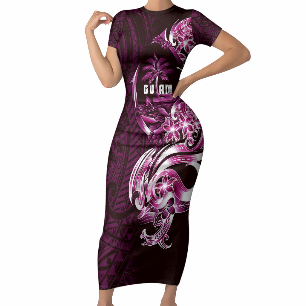 Kulot Di Rosa Guam Chamorro Short Sleeve Bodycon Dress Guahan Seal Tattoo LT14 Long Dress Pink - Polynesian Pride