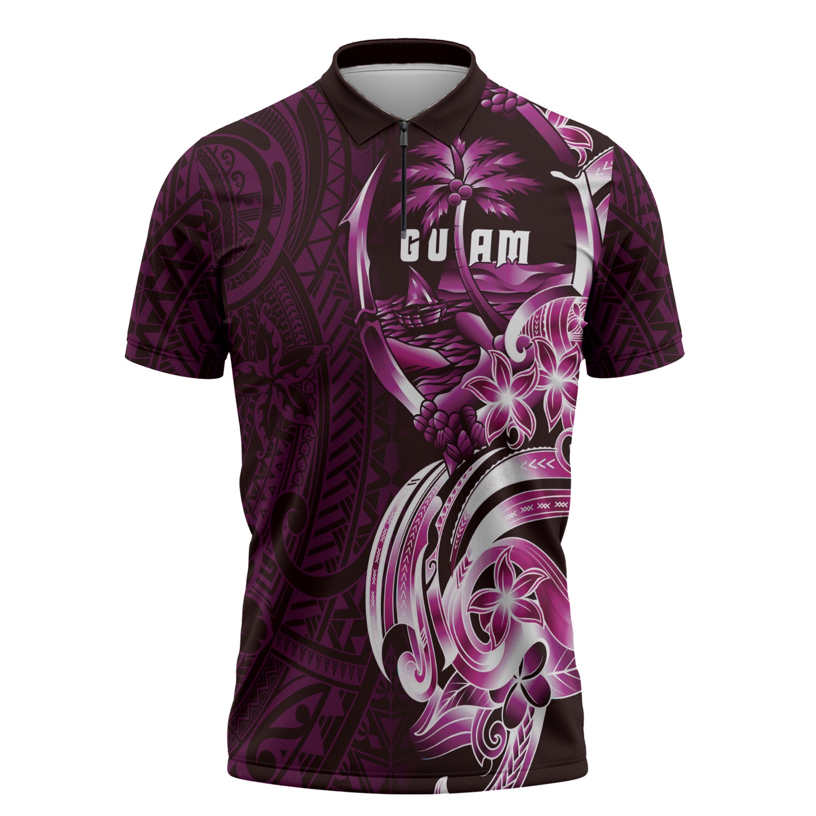 Kulot Di Rosa Guam Chamorro Zipper Polo Shirt Guahan Seal Tattoo LT14 Pink - Polynesian Pride