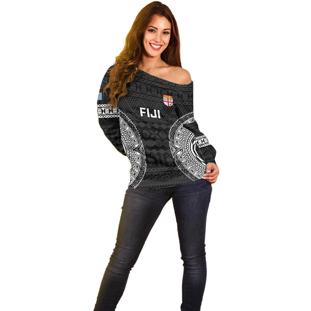 Custom Fiji Rugby Off Shoulder Sweater 2023 Fijian Tapa Pattern World Cup Black LT14 - Polynesian Pride