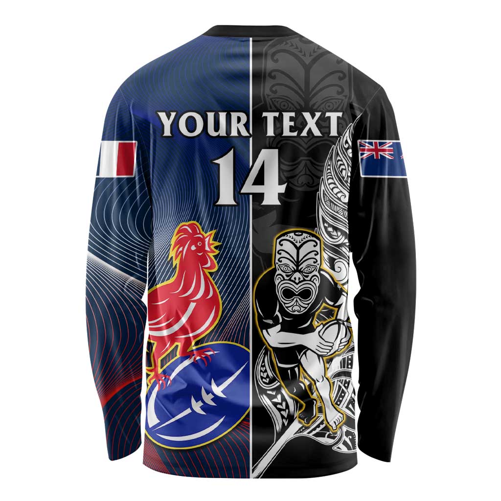 Custom New Zealand And France Rugby Long Sleeve Shirt All Black With Les Bleus Together 2023 World Cup LT14 - Polynesian Pride