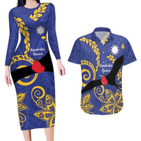 Nauru Angam Day Couples Matching Long Sleeve Bodycon Dress and Hawaiian Shirt Naoero Frigate Bird Polynesian Pattern LT14 Blue - Polynesian Pride